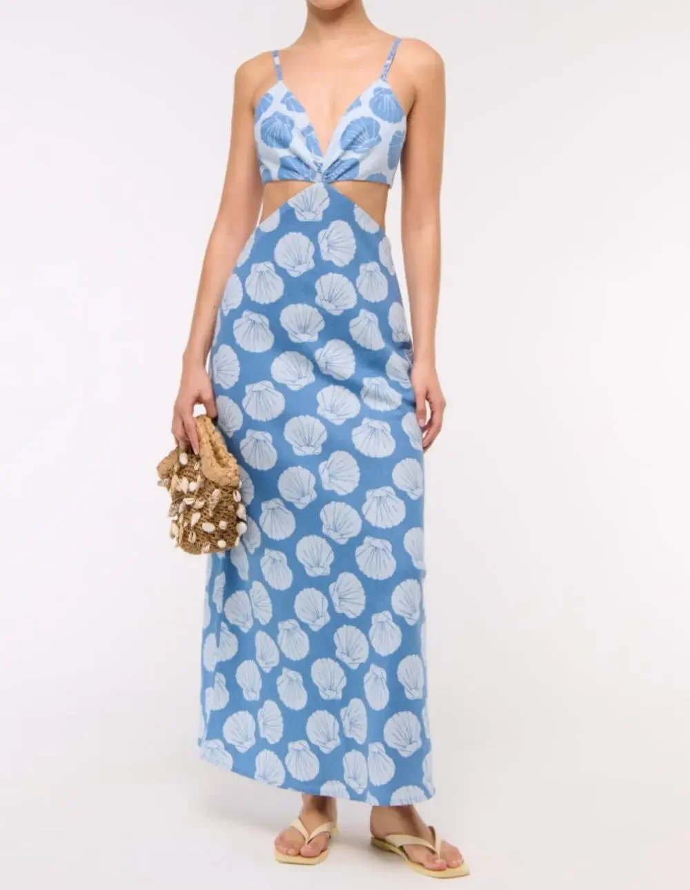 Abercrombie Julia Cutout Tie Back Shell Print Linen Blend Maxi Slip Dress Blue